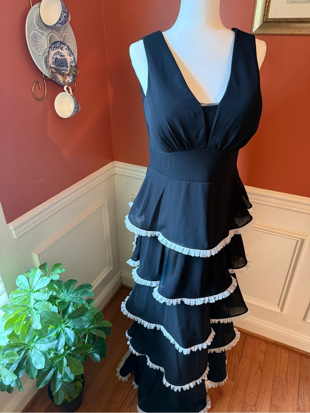 Black 5 Tiered Ruffle Trimmed Gown by RM Richards